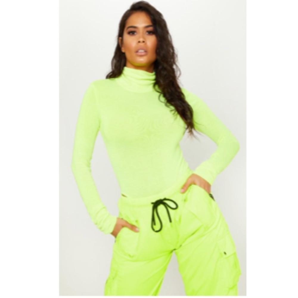 Neon Yellow Fine Knit Roll Neck Bodysuit